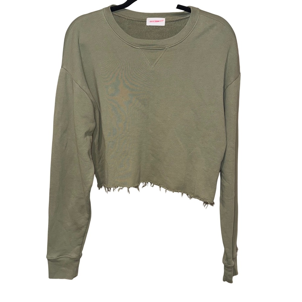 John Elliott Cropped Long Sleeve Sweatshirt Raw Hem Green Size Large